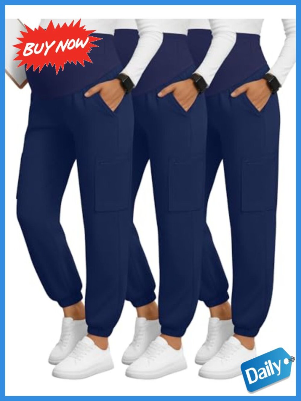 3 Pack Maternity Scrub Cargo Jogger Pants Polyester Cotton Spandex